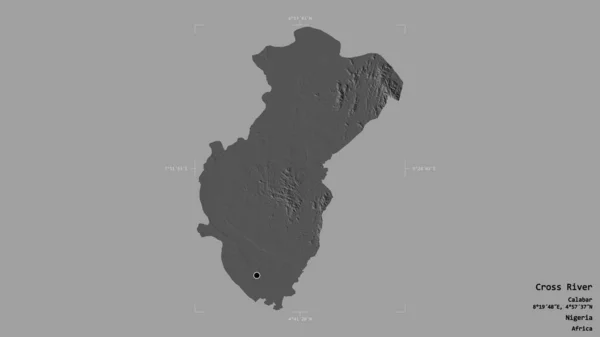 ナイジェリアの州であるクロス川の地域は 洗練された境界の箱の中の強固な背景に隔離されています ラベル 標高マップ 3Dレンダリング — ストック写真