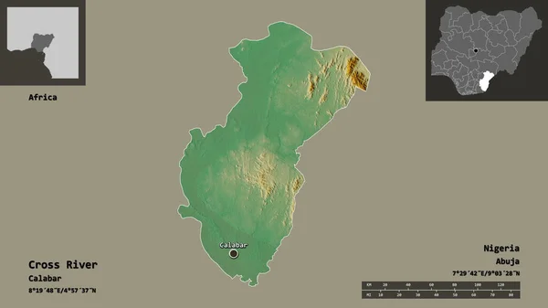 クロス川の形 ナイジェリアの状態 およびその首都 距離スケール プレビューおよびラベル 地形図 3Dレンダリング — ストック写真
