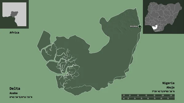 デルタの形 ナイジェリアの州 そしてその首都 距離スケール プレビューおよびラベル 色の標高マップ 3Dレンダリング — ストック写真