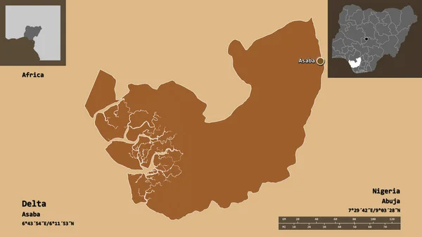 デルタの形 ナイジェリアの州 そしてその首都 距離スケール プレビューおよびラベル 規則的にパターン化されたテクスチャの構成 3Dレンダリング — ストック写真
