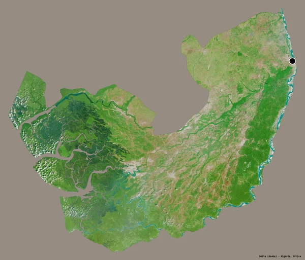尼日利亚州德尔塔的形状 其首都孤立在一个坚实的色彩背景上 卫星图像 3D渲染 — 图库照片