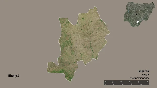 尼日利亚Ebonyi州的形状 其首都在坚实的背景下与世隔绝 距离尺度 区域预览和标签 卫星图像 3D渲染 — 图库照片