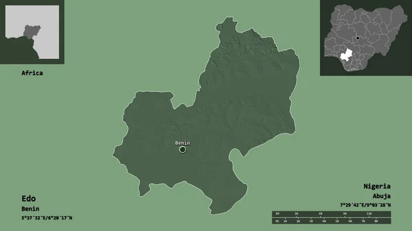 尼日利亚埃多州的形状及其首府 距离刻度 预览和标签 彩色高程图 3D渲染 — 图库照片