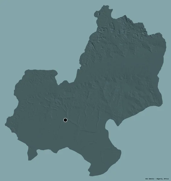 尼日利亚埃多州的形状 其首府被隔离在一个坚实的色彩背景上 彩色高程图 3D渲染 — 图库照片