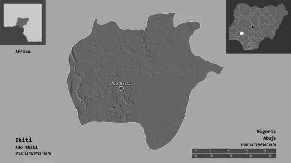 尼日利亚埃基迪州及其首府的形状 距离刻度 预览和标签 Bilevel高程图 3D渲染 — 图库照片