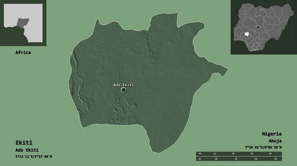 Ekitiの形 ナイジェリアの状態 そして その首都 距離スケール プレビューおよびラベル 色の標高マップ 3Dレンダリング — ストック写真