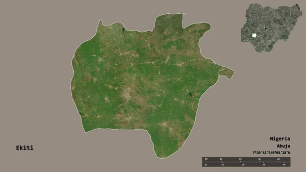 尼日利亚埃基迪州的形状 其首都在坚实的背景下与世隔绝 距离尺度 区域预览和标签 卫星图像 3D渲染 — 图库照片