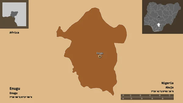 エングーの形 ナイジェリアの状態 およびその首都 距離スケール プレビューおよびラベル 規則的にパターン化されたテクスチャの構成 3Dレンダリング — ストック写真