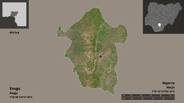 エングーの形 ナイジェリアの状態 およびその首都 距離スケール プレビューおよびラベル 衛星画像 3Dレンダリング — ストック写真