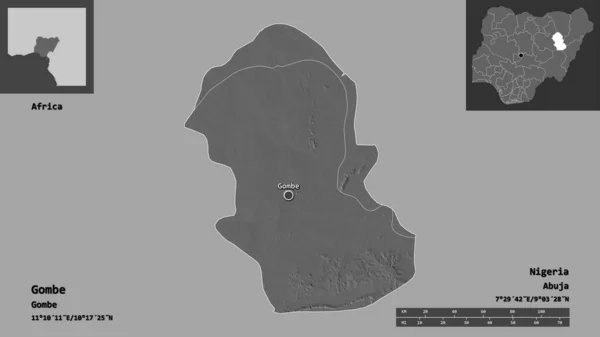 尼日利亚贡贝州及其首府的形状 距离刻度 预览和标签 Bilevel高程图 3D渲染 — 图库照片