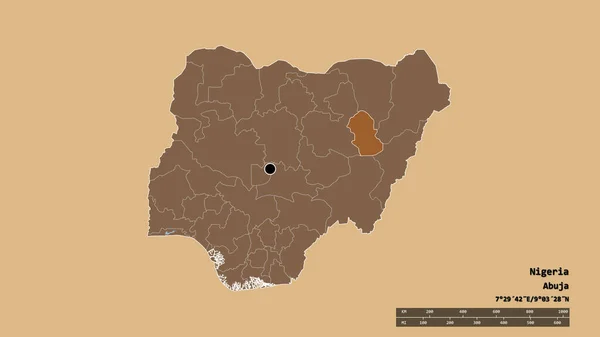 以首都 主要区域分部和分离的贡贝地区为首都的尼日利亚的绝望状态 有规律的纹理的组成 3D渲染 — 图库照片