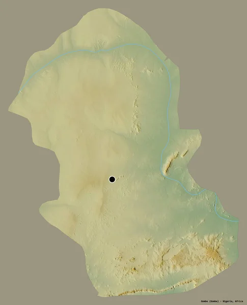 ナイジェリアのゴンベ州の形で その首都はしっかりとした色の背景に隔離されています 地形図 3Dレンダリング — ストック写真