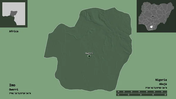 イモの形 ナイジェリアの状態 およびその首都 距離スケール プレビューおよびラベル 色の標高マップ 3Dレンダリング — ストック写真