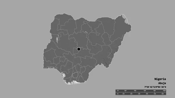 以首都 主要区域分部和独立的伊莫区为首都的尼日利亚的绝望面貌 Bilevel高程图 3D渲染 — 图库照片