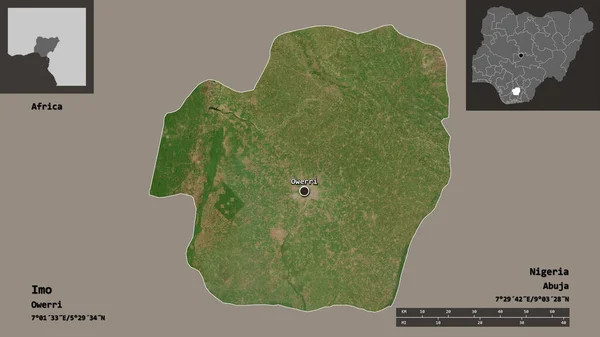 イモの形 ナイジェリアの状態 およびその首都 距離スケール プレビューおよびラベル 衛星画像 3Dレンダリング — ストック写真