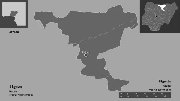 尼日利亚吉加瓦州及其首府的形状 距离刻度 预览和标签 Bilevel高程图 3D渲染 — 图库照片