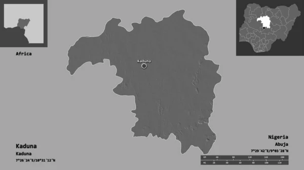 カドゥナの形 ナイジェリアの状態 およびその首都 距離スケール プレビューおよびラベル 標高マップ 3Dレンダリング — ストック写真