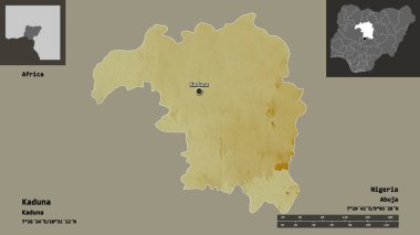 Kaduna 'nın şekli, Nijerya eyaleti ve başkenti. Uzaklık ölçeği, ön gösterimler ve etiketler. Topografik yardım haritası. 3B görüntüleme
