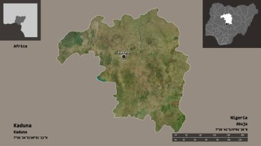 Kaduna 'nın şekli, Nijerya eyaleti ve başkenti. Uzaklık ölçeği, ön gösterimler ve etiketler. Uydu görüntüleri. 3B görüntüleme