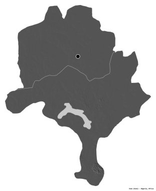 Kano 'nun şekli, Nijerya eyaleti, başkenti beyaz arka planda izole edilmiş. Çift seviyeli yükseklik haritası. 3B görüntüleme