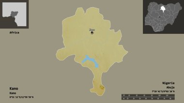 Kano 'nun şekli, Nijerya eyaleti ve başkenti. Uzaklık ölçeği, ön gösterimler ve etiketler. Topografik yardım haritası. 3B görüntüleme