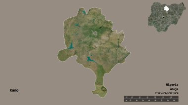 Nijerya 'nın Kano eyaleti, başkenti sağlam bir zemin üzerinde izole edilmiş. Uzaklık ölçeği, bölge önizlemesi ve etiketleri. Uydu görüntüleri. 3B görüntüleme