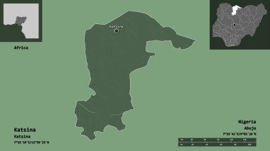 Katsina 'nın şekli, Nijerya eyaleti ve başkenti. Uzaklık ölçeği, ön gösterimler ve etiketler. Renkli yükseklik haritası. 3B görüntüleme