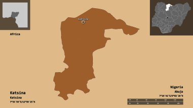 Katsina 'nın şekli, Nijerya eyaleti ve başkenti. Uzaklık ölçeği, ön gösterimler ve etiketler. Düzenli desenli dokuların bileşimi. 3B görüntüleme