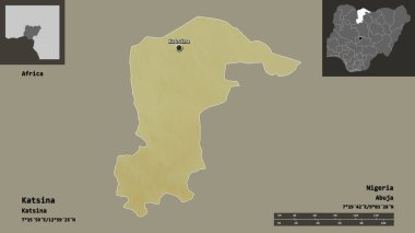 Katsina 'nın şekli, Nijerya eyaleti ve başkenti. Uzaklık ölçeği, ön gösterimler ve etiketler. Topografik yardım haritası. 3B görüntüleme
