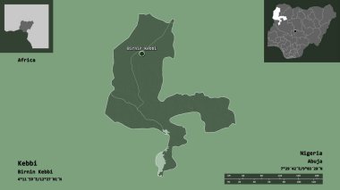 Kebbi 'nin şekli, Nijerya eyaleti ve başkenti. Uzaklık ölçeği, ön gösterimler ve etiketler. Renkli yükseklik haritası. 3B görüntüleme