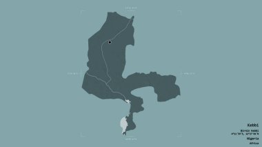 Kebbi bölgesi, Nijerya eyaleti, katı bir arka planda izole edilmiş bir sınır kutusunda. Etiketler. Renkli yükseklik haritası. 3B görüntüleme