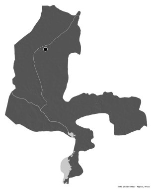 Kebbi 'nin şekli, Nijerya eyaleti, başkenti beyaz arka planda izole edilmiş. Çift seviyeli yükseklik haritası. 3B görüntüleme