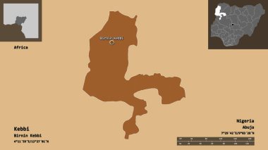 Kebbi 'nin şekli, Nijerya eyaleti ve başkenti. Uzaklık ölçeği, ön gösterimler ve etiketler. Düzenli desenli dokuların bileşimi. 3B görüntüleme