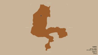 Kebbi bölgesi, Nijerya eyaleti, katı bir arka planda izole edilmiş bir sınır kutusunda. Etiketler. Desenli dokuların bileşimi. 3B görüntüleme