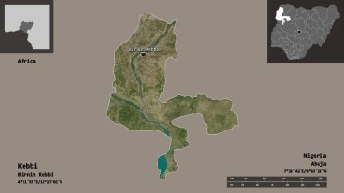 Kebbi 'nin şekli, Nijerya eyaleti ve başkenti. Uzaklık ölçeği, ön gösterimler ve etiketler. Uydu görüntüleri. 3B görüntüleme