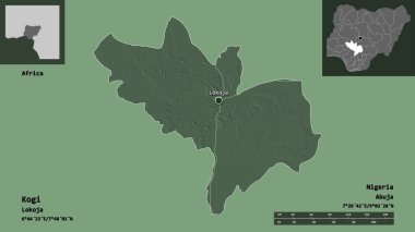 Kogi 'nin şekli, Nijerya eyaleti ve başkenti. Uzaklık ölçeği, ön gösterimler ve etiketler. Renkli yükseklik haritası. 3B görüntüleme