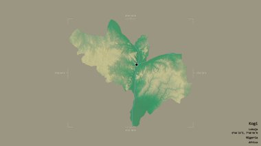 Kogi bölgesi, Nijerya eyaleti, katı bir arka planda izole edilmiş bir sınır kutusunda. Etiketler. Topografik yardım haritası. 3B görüntüleme