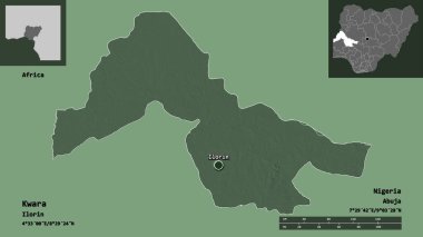Kwara 'nın şekli, Nijerya eyaleti ve başkenti. Uzaklık ölçeği, ön gösterimler ve etiketler. Renkli yükseklik haritası. 3B görüntüleme