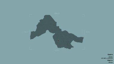 Kwara bölgesi, Nijerya eyaleti, jeoreferatlı bir sınır kutusunda katı bir arka planda izole edilmiş. Etiketler. Renkli yükseklik haritası. 3B görüntüleme