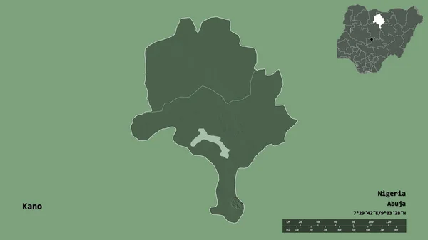 卡诺的形状 尼日利亚的州 其首都孤立的坚实的背景 距离尺度 区域预览和标签 彩色高程图 3D渲染 — 图库照片