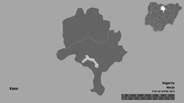 卡诺的形状 尼日利亚的州 其首都孤立的坚实的背景 距离尺度 区域预览和标签 Bilevel高程图 3D渲染 — 图库照片