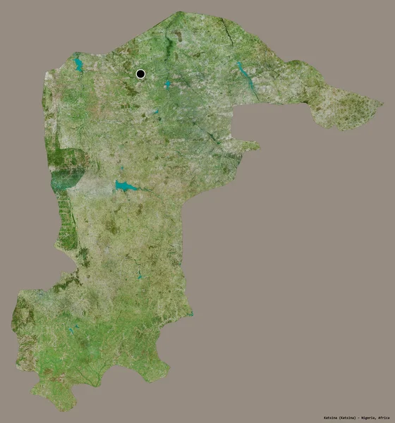 ナイジェリアのカタシーナ州の形で その首都はしっかりとした色の背景に隔離されています 衛星画像 3Dレンダリング — ストック写真