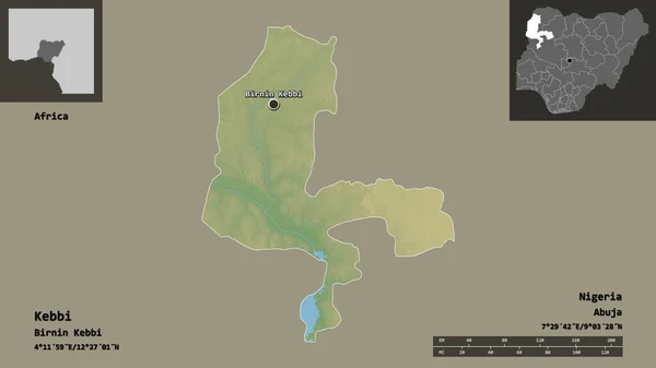 ケビの形 ナイジェリアの状態 およびその首都 距離スケール プレビューおよびラベル 地形図 3Dレンダリング — ストック写真