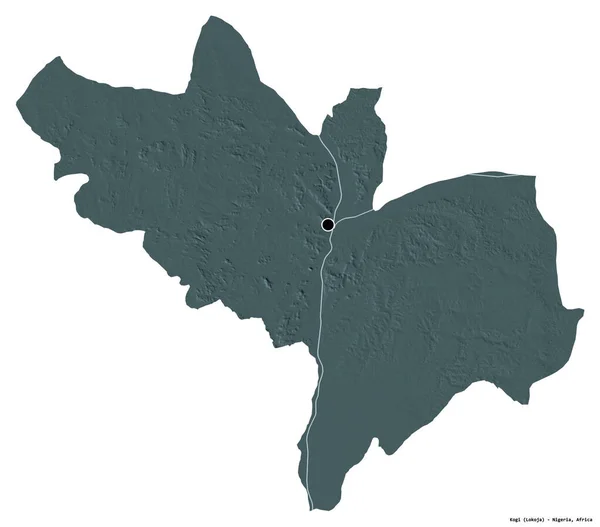 尼日利亚科吉州的形状 首府被白色背景隔离 彩色高程图 3D渲染 — 图库照片