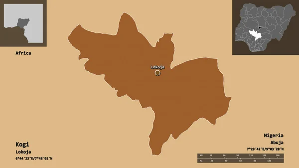 コギの形 ナイジェリアの状態 およびその首都 距離スケール プレビューおよびラベル 規則的にパターン化されたテクスチャの構成 3Dレンダリング — ストック写真