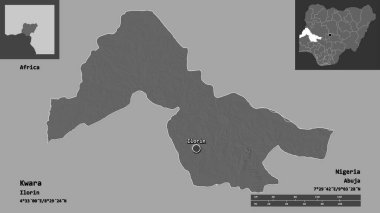 Kwara 'nın şekli, Nijerya eyaleti ve başkenti. Uzaklık ölçeği, ön gösterimler ve etiketler. Çift seviyeli yükseklik haritası. 3B görüntüleme