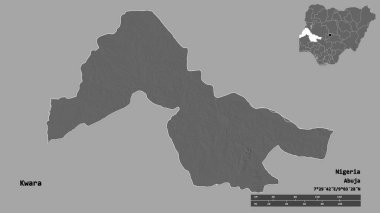 Nijerya 'nın başkenti Kwara' nın katı arka planda izole edilmiş hali. Uzaklık ölçeği, bölge önizlemesi ve etiketleri. Çift seviyeli yükseklik haritası. 3B görüntüleme