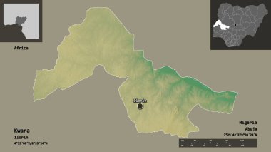 Kwara 'nın şekli, Nijerya eyaleti ve başkenti. Uzaklık ölçeği, ön gösterimler ve etiketler. Topografik yardım haritası. 3B görüntüleme