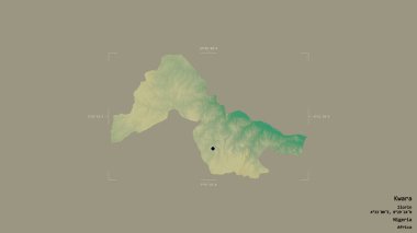 Kwara bölgesi, Nijerya eyaleti, jeoreferatlı bir sınır kutusunda katı bir arka planda izole edilmiş. Etiketler. Topografik yardım haritası. 3B görüntüleme