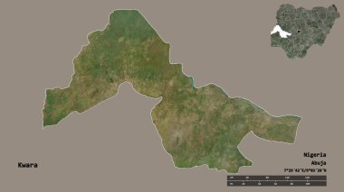 Nijerya 'nın başkenti Kwara' nın katı arka planda izole edilmiş hali. Uzaklık ölçeği, bölge önizlemesi ve etiketleri. Uydu görüntüleri. 3B görüntüleme